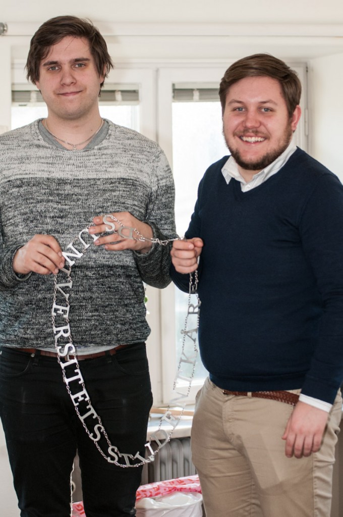 Lund University Student Unions requested 10,000 SEK to buy new insignia. “Our current insignia is a prototype that is not so good, so it's great that we now can purchase new insignia”, says Sebastian Persson, Vice President of the Lus (right). “We did not know if we would get any money, so we have not decided what the new insignia should be like. But it will probably be something with our logo or our name, and something that stands out”, says Oskar Styf, Lus’ President (left). Photo: Lucas J. Herber.