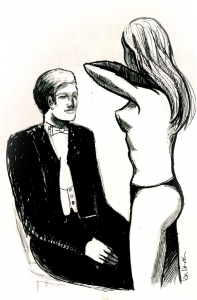 [caption: Illustration from Lundagård no. 9-10 1998, for the article “Medical students hired stripper” about Hincus Medicus. Illustration: Archive/Mira Nameth.